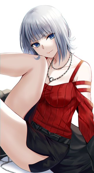 Anime picture 1200x2215 with original nicky w single tall image looking at viewer fringe short hair breasts blue eyes light erotic simple background white background sitting payot silver hair bent knee (knees) blunt bangs head tilt off shoulder side slit