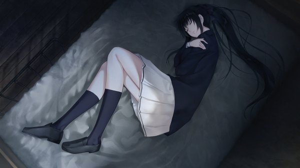 Anime picture 1280x720 with kara no shoujo 2 innocent grey kayahara yukiko sugina miki single long hair fringe black hair wide image ponytail lying eyes closed from above on side sleeping girl skirt uniform school uniform socks