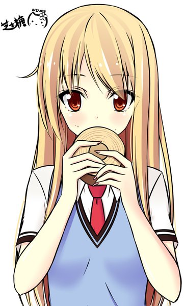 Anime picture 1080x1782 with sakura-sou no pet na kanojo j.c. staff shiina mashiro nagi-the-cheese (ppshex) single long hair tall image looking at viewer blush simple background blonde hair white background brown eyes eating girl uniform school uniform