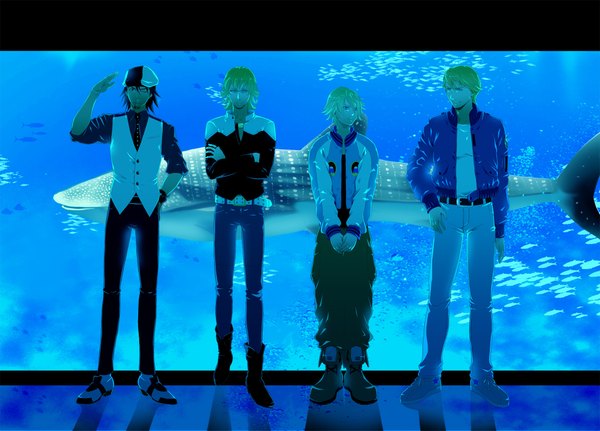 Anime picture 2102x1512 with tiger & bunny sunrise (studio) kaburagi t. kotetsu barnaby brooks jr. ivan karelin keith goodman poponpo (artist) highres short hair blue eyes blonde hair brown hair standing brown eyes green eyes one eye closed wink open clothes open jacket multiple boys