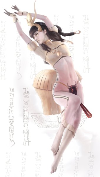 Anime picture 1277x2253 with shin megami tensei shin megami tensei nocturne nyarko single long hair tall image fringe breasts black hair braid (braids) barefoot lips midriff orange eyes pale skin dancing girl navel hair ornament gold