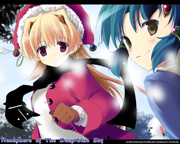 Anime picture 1280x1024 with aoi sora no neosphere elincie yerthrop noki welkin long hair looking at viewer short hair blonde hair purple eyes multiple girls brown eyes blue hair copyright name letterboxed exhalation girl gloves 2 girls scarf cap winter clothes