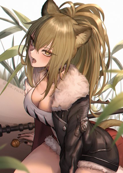 Anime picture 1000x1403 with arknights siege (arknights) expulse single long hair tall image looking at viewer blush fringe breasts open mouth light erotic simple background blonde hair hair between eyes large breasts white background sitting brown eyes signed