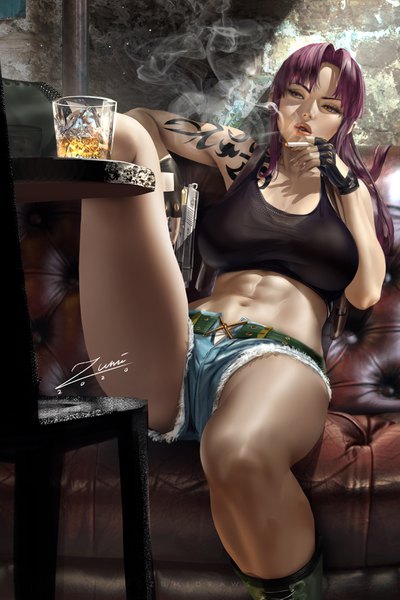 Anime picture 2339x3508 with black lagoon madhouse revy (black lagoon) zumi (zumidraws) single long hair tall image fringe highres breasts light erotic large breasts sitting holding brown eyes signed looking away purple hair bent knee (knees) indoors