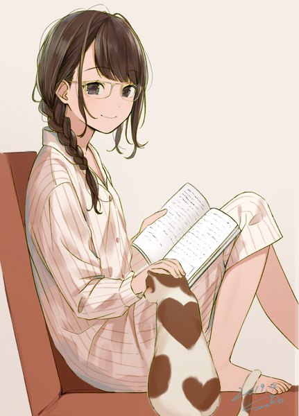 Anime picture 2928x4074 with original sako (user ndpz5754) single long hair tall image looking at viewer fringe highres simple background smile brown hair sitting holding brown eyes signed payot full body bent knee (knees) braid (braids) barefoot