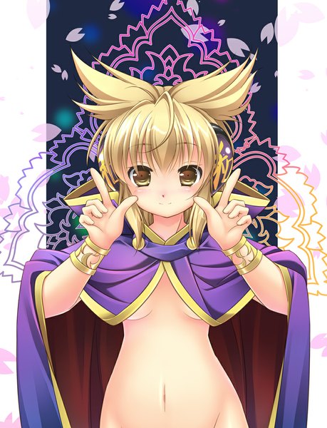 Anime picture 848x1107 with touhou toyosatomimi no miko takatsukasa yue tall image looking at viewer blush short hair light erotic blonde hair yellow eyes midriff girl navel hair ornament petals bracelet