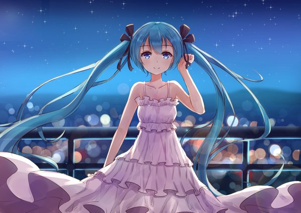 Anime picture 1415x1000 with vocaloid hatsune miku byakuya reki single looking at viewer blue eyes twintails bare shoulders blue hair sky very long hair wind evening city lights girl dress ribbon (ribbons) hair ribbon white dress star (stars)