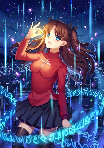 Anime picture 800x1131 with fate (series) fate/stay night toosaka rin mirror (xilu4) single long hair tall image looking at viewer open mouth blue eyes brown hair holding two side up zettai ryouiki girl thighhighs skirt bow black thighhighs hair bow