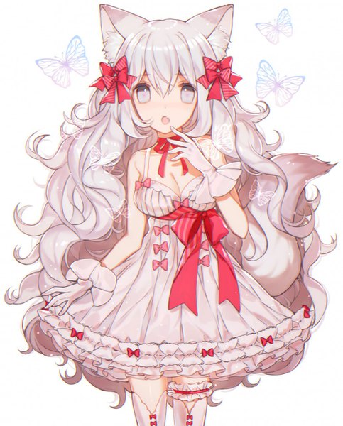 Anime picture 1031x1280 with original yasiromann single long hair tall image looking at viewer blush fringe breasts open mouth simple background hair between eyes standing white background animal ears white hair grey eyes sleeveless finger to mouth wavy hair