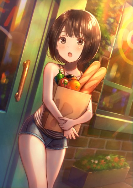 Anime picture 1457x2064 with original tanbonota46 single tall image blush fringe short hair open mouth brown hair standing bare shoulders holding brown eyes looking away outdoors sunlight sunbeam bob cut girl food