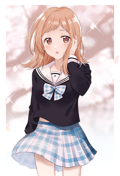 Anime picture 1320x1933 with idolmaster idolmaster shiny colors sakuragi mano myusha single long hair tall image blush fringe open mouth brown hair standing brown eyes long sleeves pleated skirt arm up blurry :o sparkle border