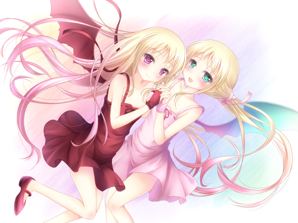 Anime picture 1600x1200 with yayayoruyoru long hair looking at viewer blush open mouth blue eyes blonde hair smile purple eyes bare shoulders multiple girls barefoot holding hands girl dress hair ornament ribbon (ribbons) 2 girls hair ribbon wings