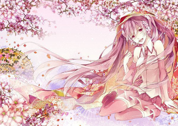 Anime picture 1000x706 with vocaloid hatsune miku sakura miku reika (artist) reika (pixiv776765) long hair open mouth twintails bare shoulders pink hair pink eyes girl skirt flower (flowers) detached sleeves petals thigh boots pink skirt