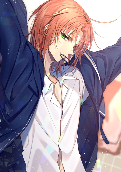 Anime picture 2508x3541 with ensemble stars! tsukinaga leo tyanotya single tall image looking at viewer highres short hair holding green eyes ahoge upper body orange hair mouth hold open collar hair tie in mouth boy shirt white shirt hair tie