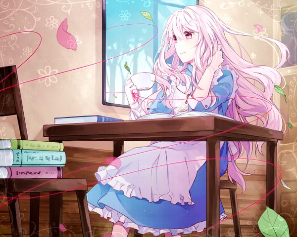 Anime picture 1250x1000 with kagerou project shaft (studio) mary (kagerou project) hoshiyui tsukino (artist) single long hair smile sitting pink hair pink eyes wind hand on head girl petals window book (books) leaf (leaves) chair table cup