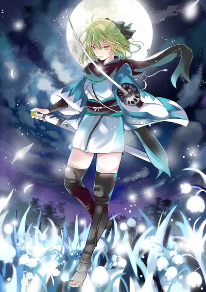 Anime picture 2480x3508 with fate (series) fate/grand order okita souji (fate) (all) okita souji (koha-ace) keikaj single tall image looking at viewer fringe highres blonde hair holding yellow eyes sky cloud (clouds) ahoge traditional clothes japanese clothes wind night