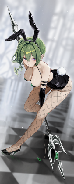 Anime picture 1500x3709 with sousou no frieren ubel (sousou no frieren) gwan-e single long hair tall image looking at viewer fringe breasts light erotic hair between eyes large breasts standing purple eyes animal ears full body tail animal tail green hair high heels