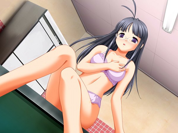 Anime picture 1024x768 with raspberry saeki suzuna nekonyan long hair light erotic black hair purple eyes game cg underwear only girl underwear panties glasses