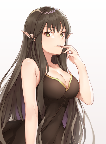 Anime picture 1488x2022 with fate (series) fate/grand order fate/apocrypha semiramis (fate) black cola single long hair tall image looking at viewer fringe breasts light erotic black hair simple background standing white background bare shoulders yellow eyes cleavage upper body