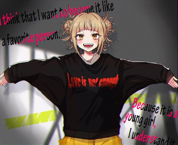 Anime picture 1987x1624 with boku no hero academia studio bones toga himiko rudo (rudorudo0917) single looking at viewer blush fringe highres short hair open mouth blonde hair smile standing yellow eyes payot blunt bangs :d teeth shadow