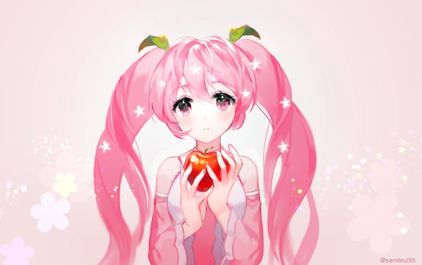 Anime picture 800x503 with vocaloid hatsune miku sakura miku tobbang single long hair looking at viewer blush fringe hair between eyes twintails holding pink hair pink eyes wide sleeves pink background girl detached sleeves