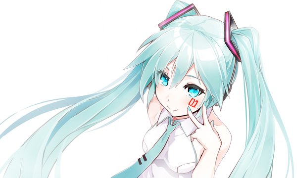 Anime picture 2000x1200 with vocaloid hatsune miku takanashi kei (hitsujikan) single long hair looking at viewer fringe highres simple background smile hair between eyes wide image white background twintails bare shoulders nail polish aqua eyes aqua hair victory girl