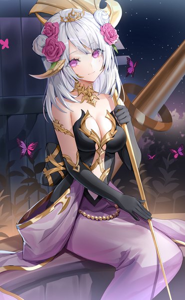 Anime picture 1084x1754 with final fantasy final fantasy xiv square enix au ra lloule single long hair tall image looking at viewer fringe breasts light erotic smile large breasts sitting bare shoulders holding cleavage silver hair outdoors