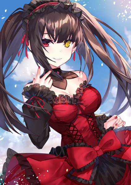 Anime picture 2024x2862 with date a live tokisaki kurumi gendo0032 single long hair tall image looking at viewer blush fringe highres breasts smile red eyes standing twintails yellow eyes payot sky cleavage cloud (clouds)