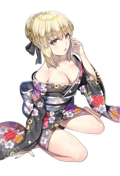 Anime picture 800x1173 with fate (series) fate/grand order fate/stay night artoria pendragon (all) saber saber alter ruhee single tall image looking at viewer blush short hair breasts light erotic simple background blonde hair white background sitting bare shoulders yellow eyes