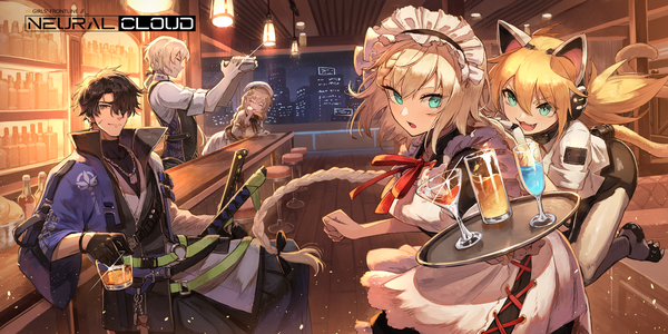 Anime picture 6000x3000 with girls frontline girls' frontline neural cloud g36 (girls frontline) aki (neural cloud) gin (neural cloud) betty (neural cloud) choco (neural cloud) centaureissi (neural cloud) long hair looking at viewer blush fringe highres short hair open mouth blonde hair smile hair between eyes brown hair wide image