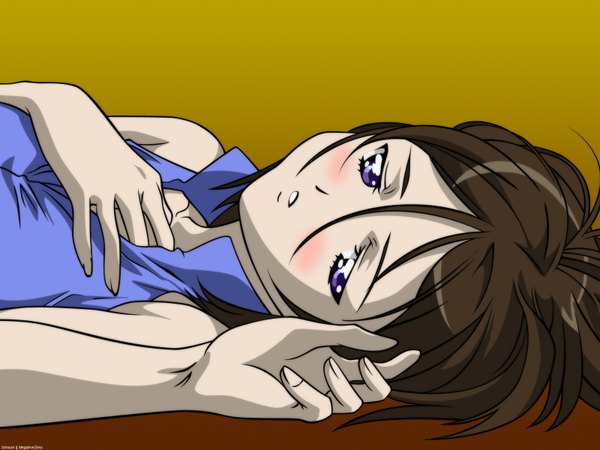 Anime picture 1600x1200 with simoun alti single blush short hair brown hair purple eyes gradient background girl tagme