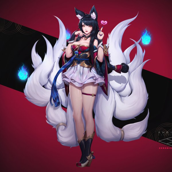 Anime-Bild 1920x1920 mit league of legends ahri (league of legends) paul (shiramune) single long hair looking at viewer highres breasts black hair signed animal ears yellow eyes payot full body tail nail polish animal tail high heels character names lipstick