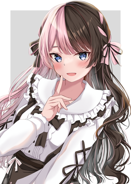 Anime picture 2508x3541 with virtual youtuber vspo! iris black games tachibana hinano (vtuber) mihana single long hair tall image blush highres open mouth blue eyes simple background brown hair pink hair :d multicolored hair grey background two-tone hair border