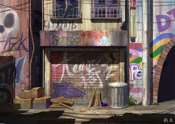 Anime picture 1000x713 with original saitama_bg shadow graffiti window box garbage can