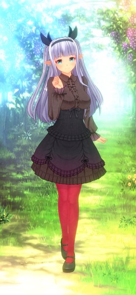 Anime picture 870x1883 with isekai nonbiri nouka rurushi ru tsubame no tabi single long hair tall image looking at viewer blush fringe breasts smile standing silver hair full body outdoors blunt bangs aqua eyes pointy ears frilly skirt vampire