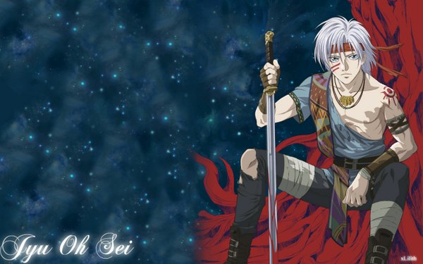 Anime picture 1280x800 with jyu oh sei thor klein short hair blue eyes wide image sitting silver hair tattoo wallpaper boy sword hairband fingerless gloves pendant bandage (bandages)
