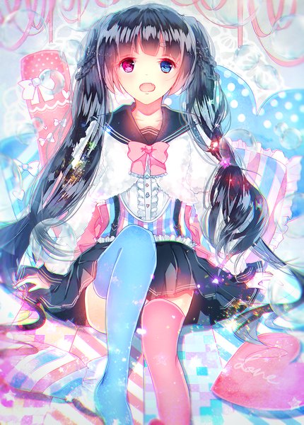 Anime picture 1021x1425 with original midorimofu single long hair tall image looking at viewer blush fringe open mouth sitting twintails bent knee (knees) braid (braids) pleated skirt hair flower arm support no shoes zettai ryouiki heterochromia symbol-shaped pupils