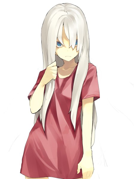Anime picture 900x1200 with original hama2224 single long hair tall image looking at viewer fringe blue eyes simple background white background white hair hair over one eye androgynous girl t-shirt