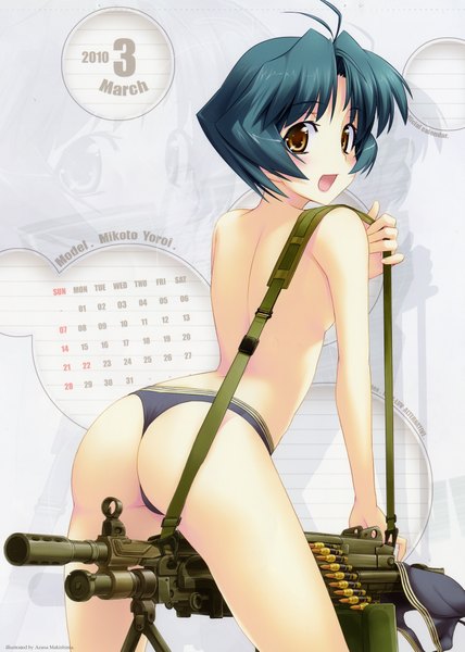 Anime picture 2825x3955 with muv-luv alternative yoroi mikoto makishima azusa single tall image blush highres short hair open mouth light erotic bare shoulders brown eyes blue hair looking back scan inscription back topless calendar 2010 girl