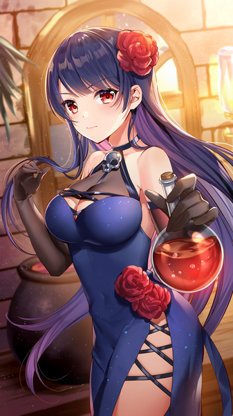 Anime picture 1080x1920 with girl cafe gun shi wuxia single long hair tall image looking at viewer blush fringe breasts light erotic red eyes large breasts standing bare shoulders holding payot cleavage purple hair blunt bangs traditional clothes