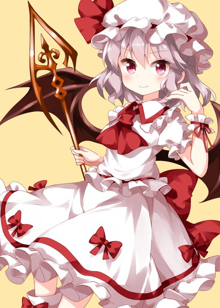 Anime picture 1000x1400 with touhou remilia scarlet ruu (tksymkw) single tall image looking at viewer blush fringe short hair simple background smile hair between eyes red eyes grey hair bat wings yellow background girl bow weapon hat