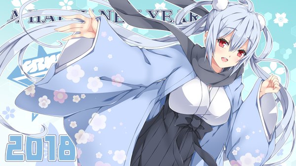 Anime picture 1920x1080 with phantasy star phantasy star online 2 sega matoi (pso2) milkpanda single long hair fringe highres open mouth hair between eyes red eyes wide image twintails silver hair ahoge traditional clothes :d japanese clothes outstretched arm