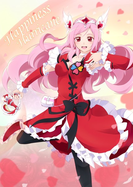 Anime picture 1554x2174 with precure fresh precure! toei animation higashi setsuna cure passion ashita wa hitsuji single long hair tall image looking at viewer blush open mouth smile red eyes pink hair girl dress hair ornament bow detached sleeves
