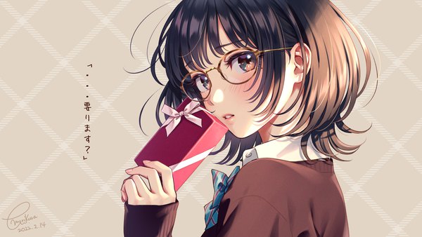 Anime picture 1920x1080 with original morikura en single looking at viewer blush highres short hair brown hair wide image brown eyes signed upper body long sleeves text dated sleeves past wrists valentine brown background girl uniform