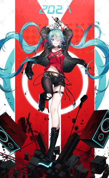 Anime picture 1542x2500 with vocaloid hatsune miku qys3 single tall image looking at viewer fringe breasts smile standing twintails payot full body ahoge bent knee (knees) very long hair nail polish aqua eyes fingernails hair over one eye