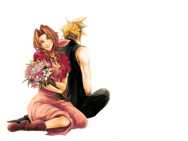 Anime picture 1379x1041 with final fantasy final fantasy vii square enix aerith gainsborough cloud strife tsuyomaru long hair short hair simple background blonde hair smile brown hair white background green eyes from behind sleeveless back to back girl dress boy