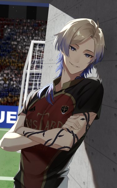 Anime picture 1724x2751 with blue lock michael kaiser ciao3030 single long hair tall image looking at viewer highres blonde hair smile purple eyes purple hair upper body tattoo gradient hair crossed arms against wall boy uniform gym uniform