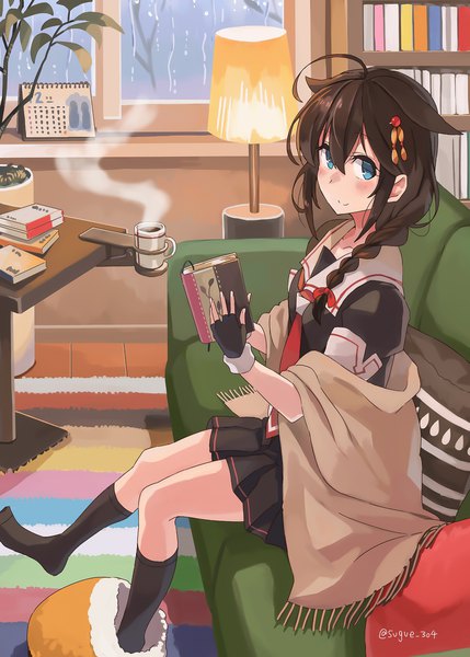 Anime-Bild 1400x1960 mit kantai collection shigure destroyer sugue 304 single long hair tall image looking at viewer blush fringe blue eyes hair between eyes brown hair sitting holding signed payot ahoge indoors braid (braids) pleated skirt