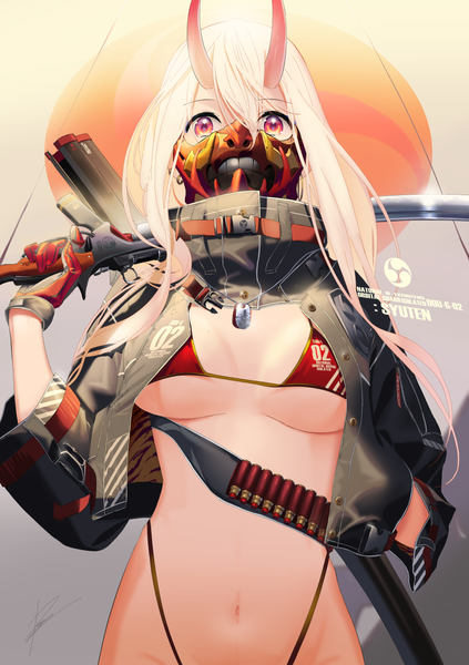 Anime picture 885x1254 with original poligon (046) single long hair tall image looking at viewer fringe breasts light erotic blonde hair hair between eyes red eyes large breasts standing holding signed arm up horn (horns) open jacket piercing