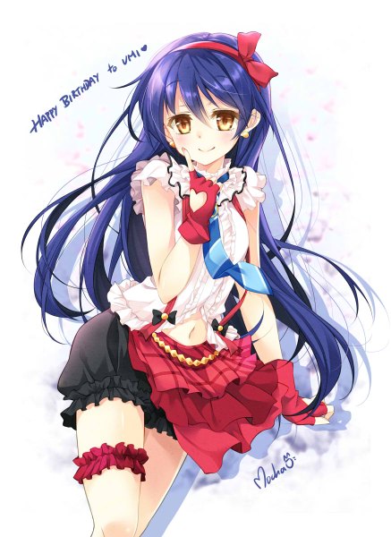 Anime picture 874x1200 with love live! school idol project sunrise (studio) love live! sonoda umi mocha (naturefour) single long hair tall image looking at viewer brown eyes blue hair girl dress gloves necktie frills hairband fingerless gloves